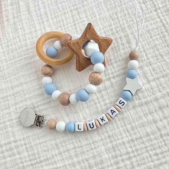 Gift Set | Pacifier Clip/Rattle | Personalized | Star Lukas