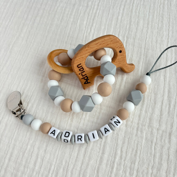 Gift Set | Pacifier Clip/Rattle | Personalized-Engraved | Adrian